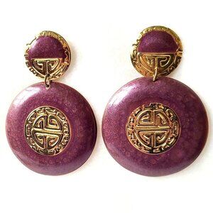 Signed Berebi Enamel Earrings Purple Gold Tone Metal Dangle Pierced Retro Vtg 3"
